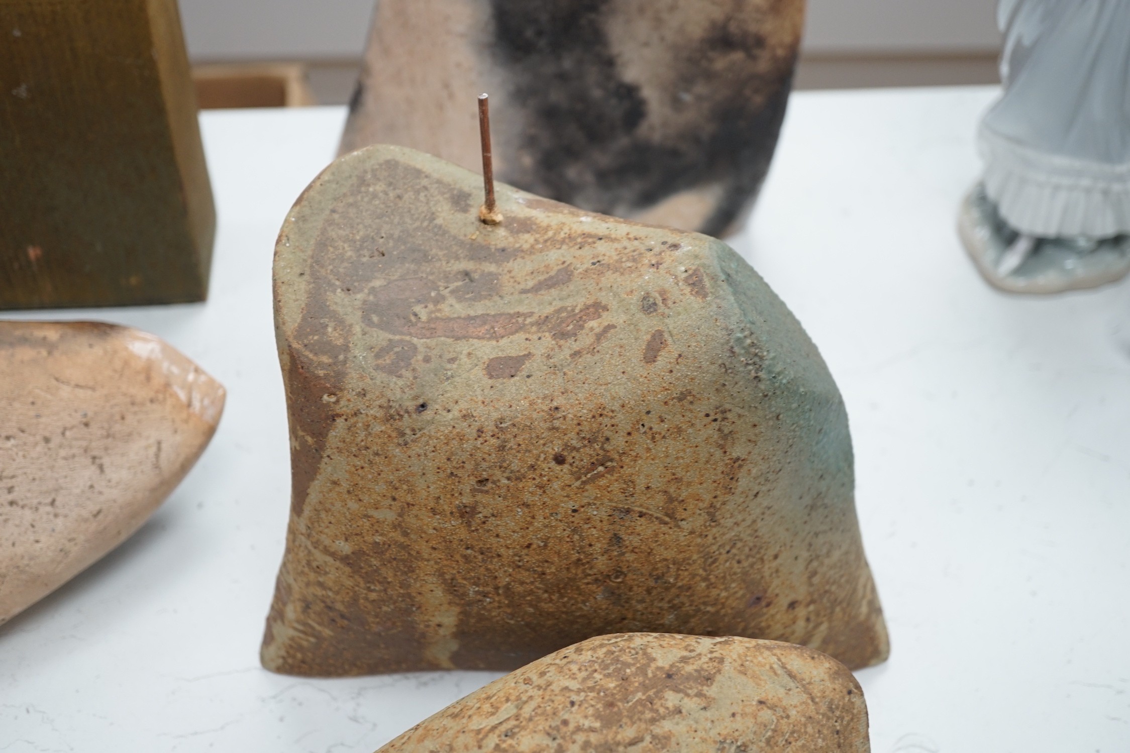 Two contemporary stoneware sculptures and a bottle vase, 35cm